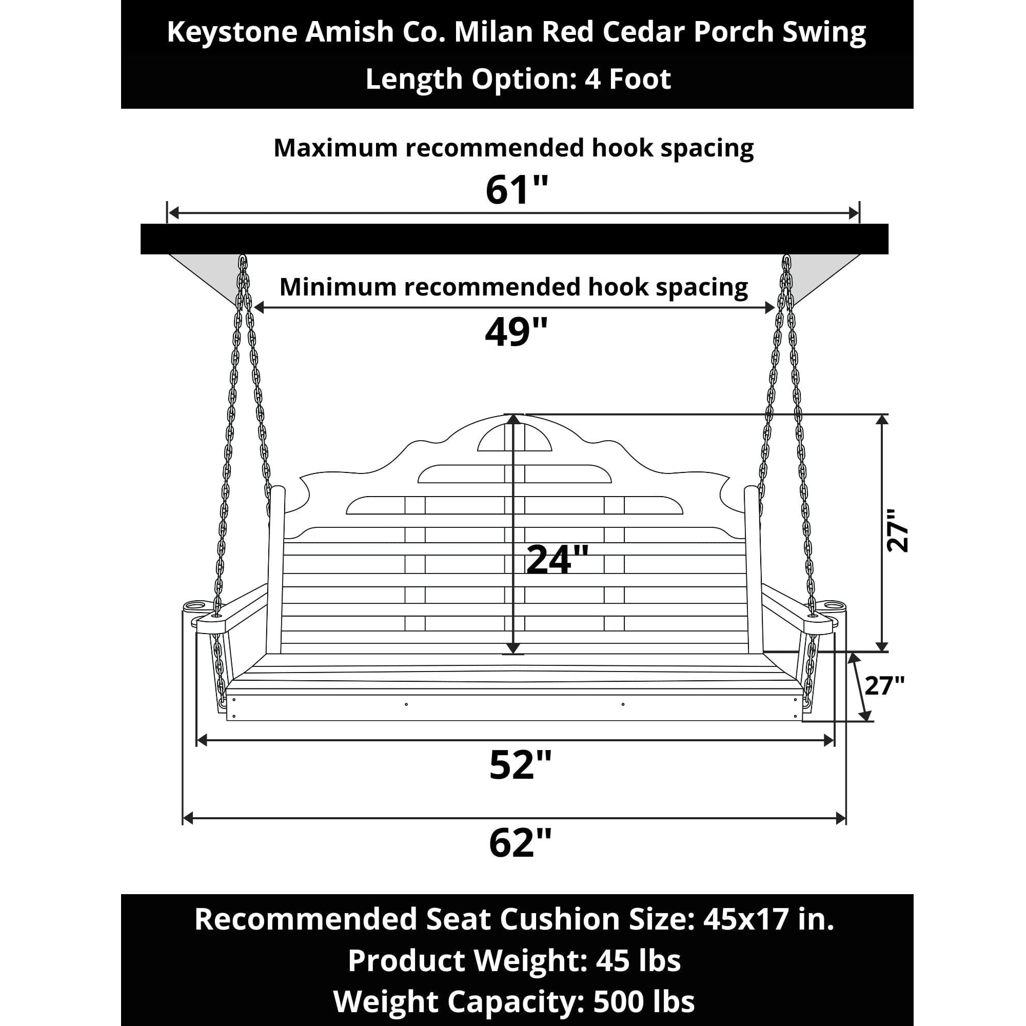 Keystone Amish Co. 4 Foot Milan Red Cedar Porch Swing with Cupholders