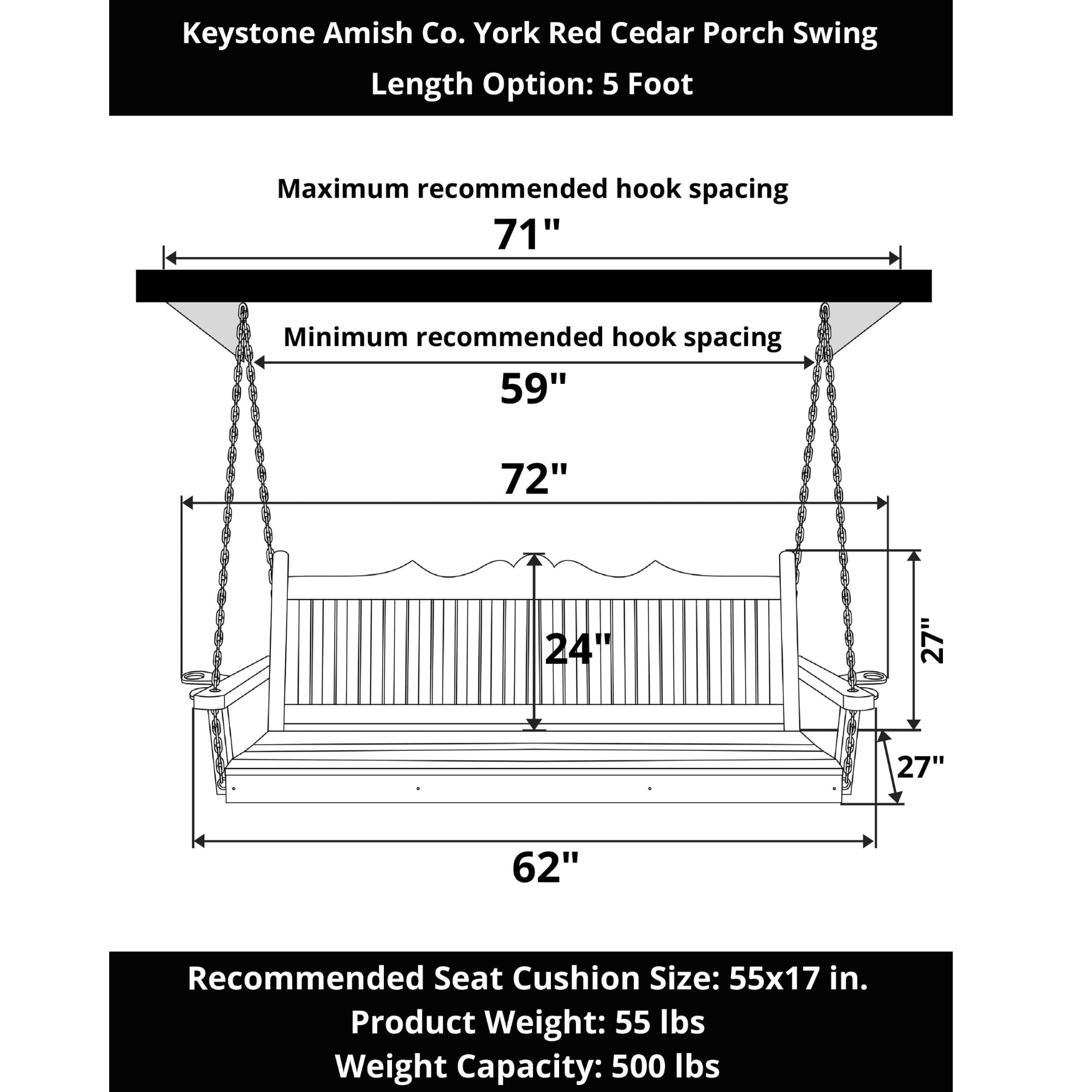 Keystone Amish Co. 5 Foot York Red Cedar Porch Swing, Unfinished