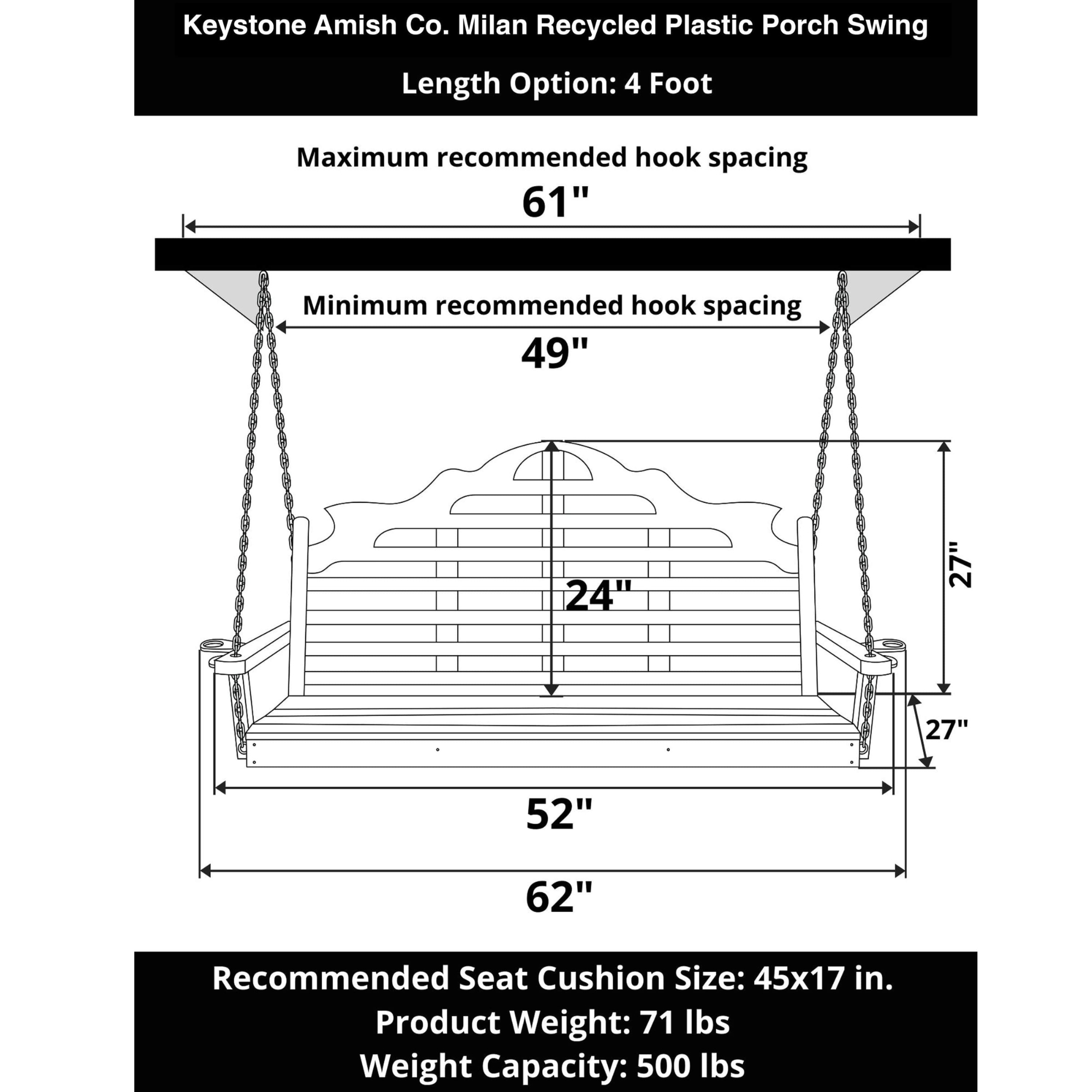Keystone Amish Co. 4 Foot Milan Recycled Plastic Porch Swing, Black