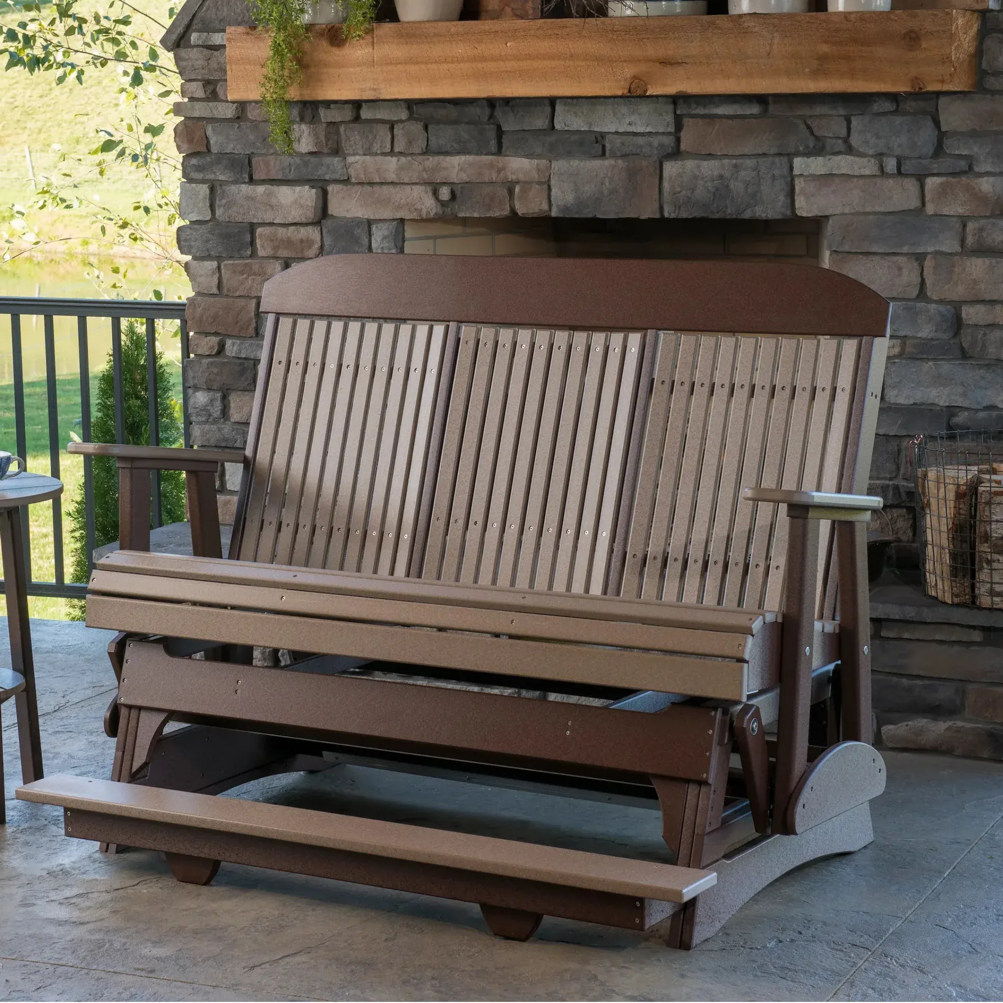 5 Foot Classic Highback Poly Glider in Weatherwood and Chestnut Brown