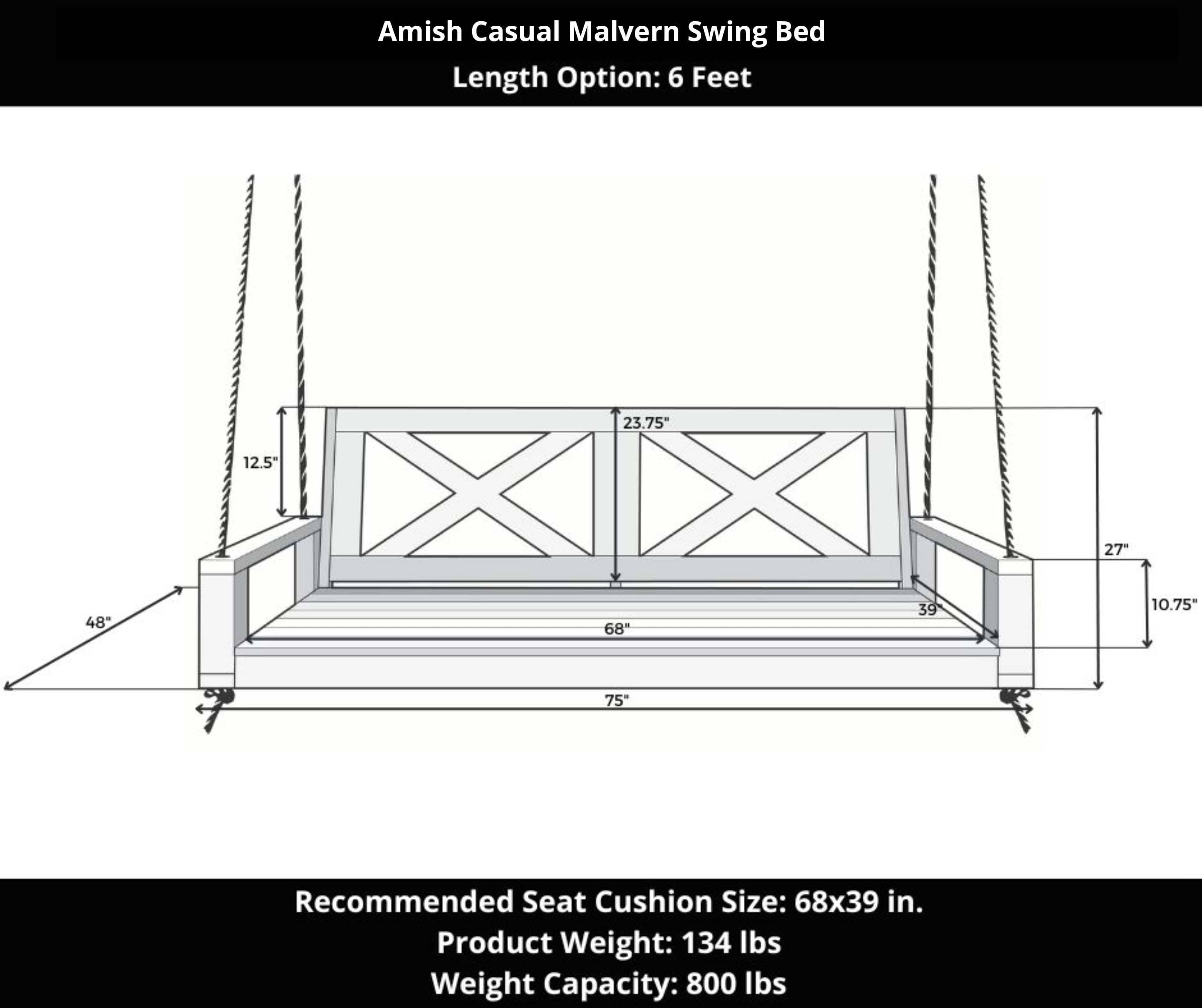 Amish Casual Malvern Porch Swing Bed, 6 Ft Dark Walnut with Clearcoat