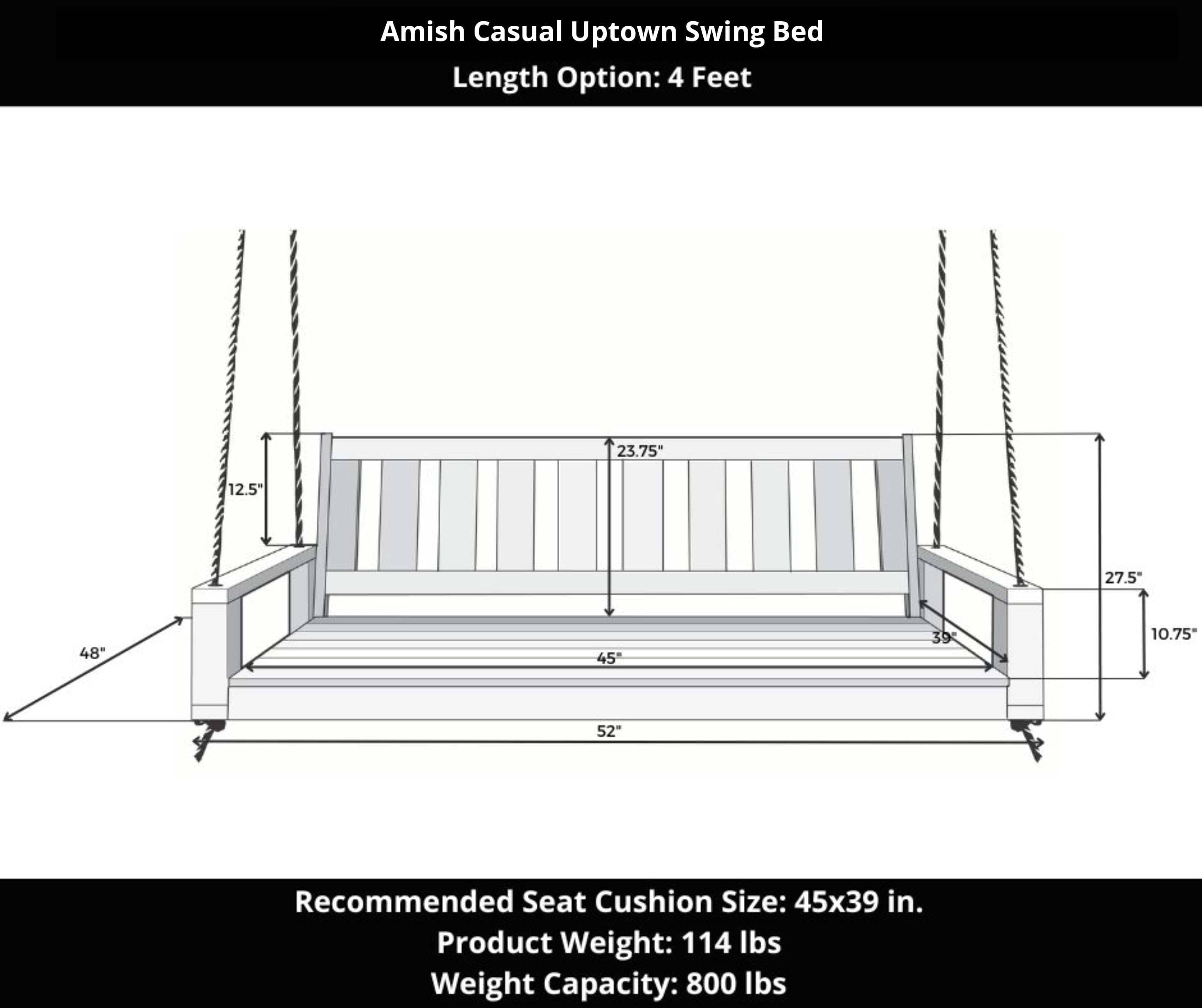 Amish Casual 4 Foot Uptown Porch Swing Bed in Unfinished