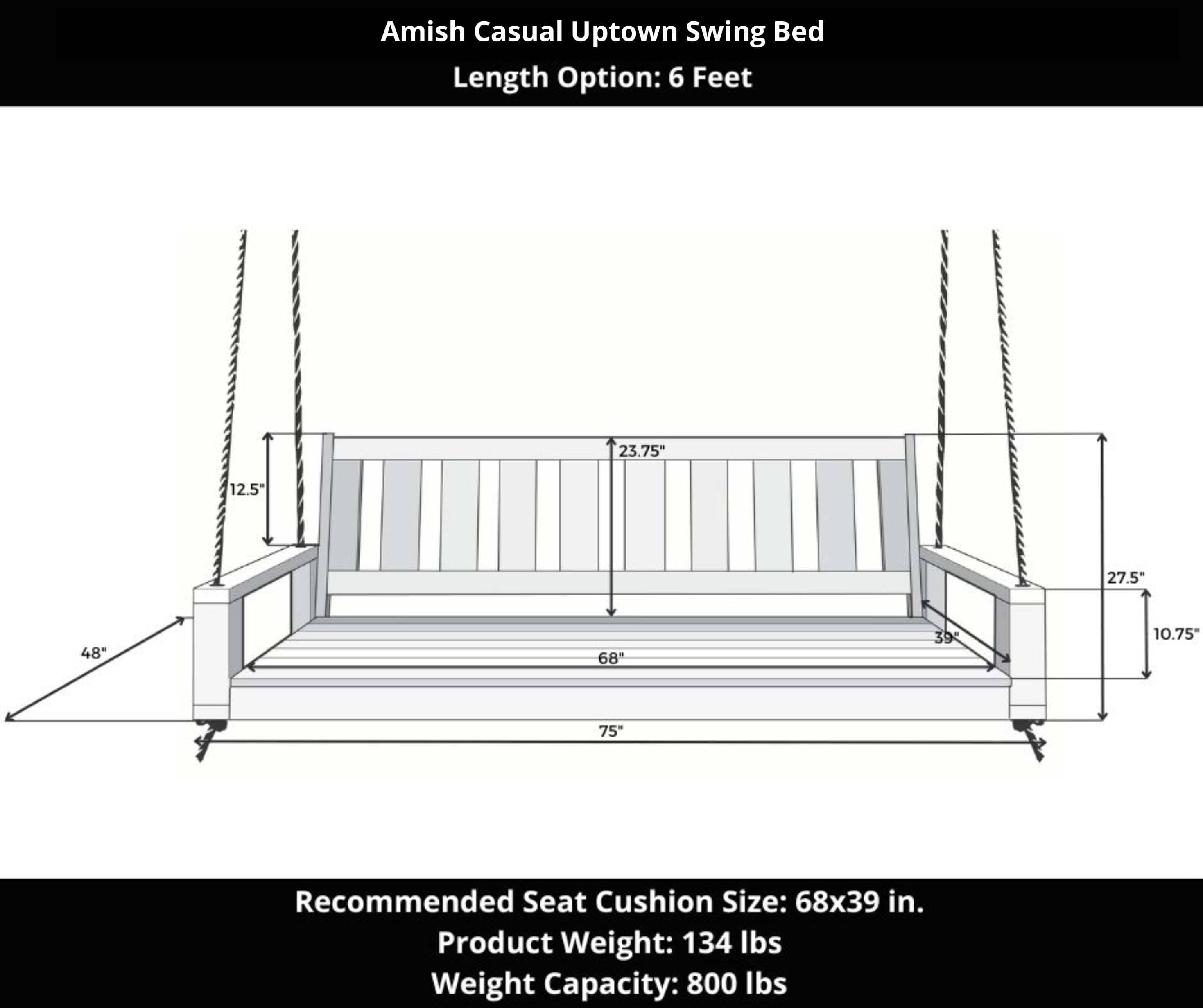 Amish Casual 6 Foot Uptown Porch Swing Bed in Clearcoat Cedar Stain