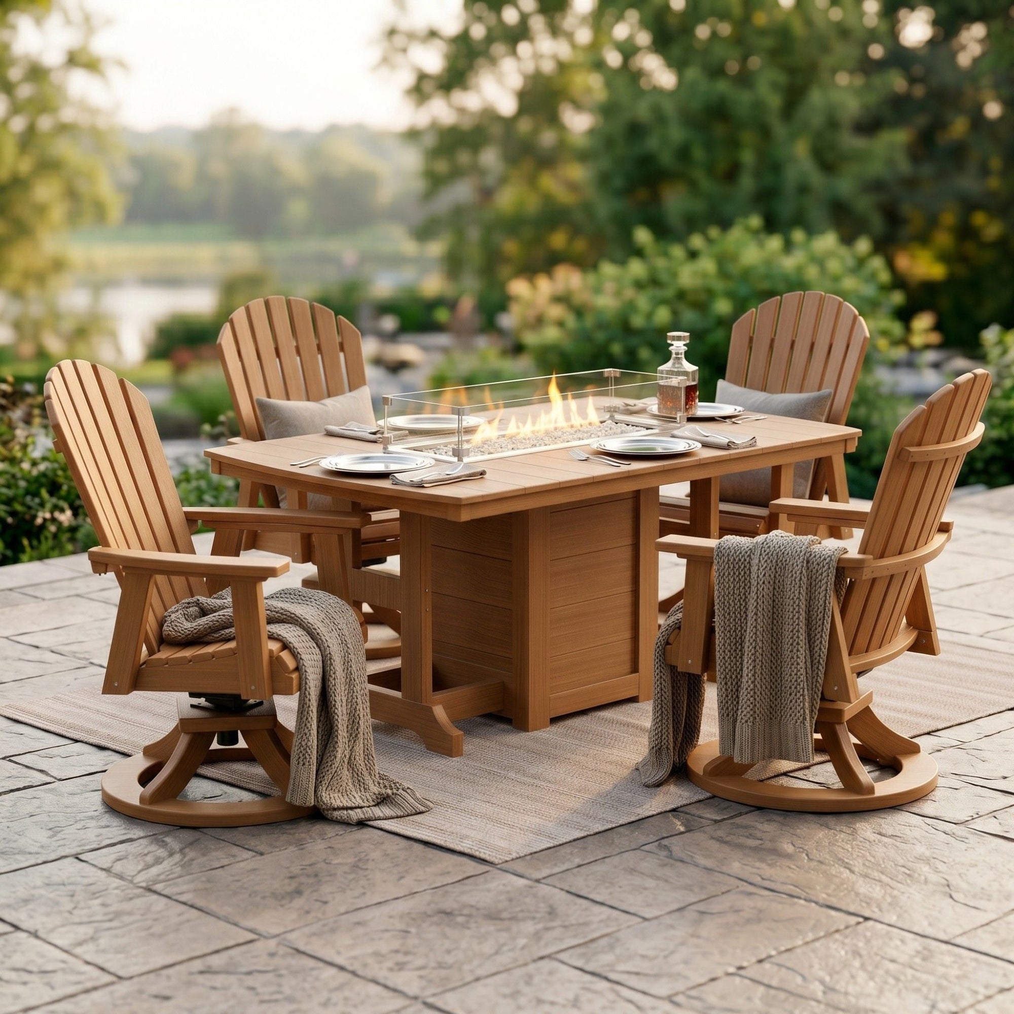 Berlin Gardens 4-Person Classic Fire Pit Poly Dining Table & Swivel Chair Set