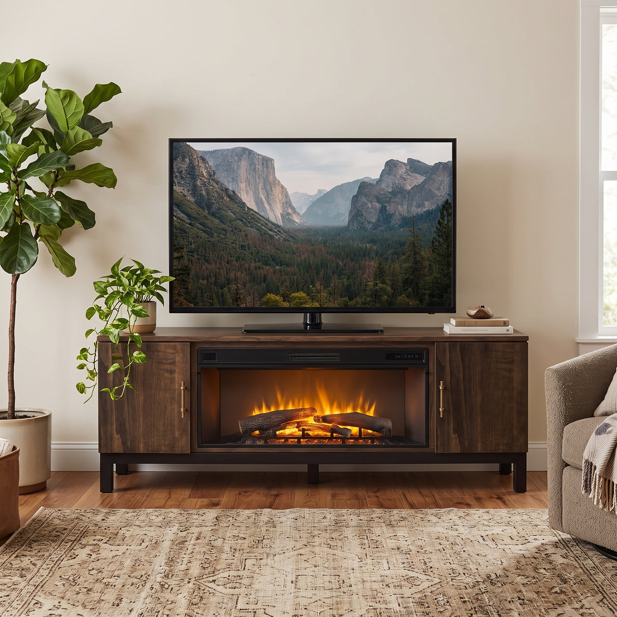 Hoosier Timbercraft Kinser Electric Fireplace TV Stand in Charwood Stain with Traditional Log Insert