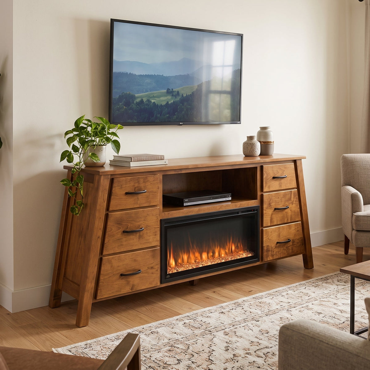 Hoosier Timbercraft Windsor Fireplace in Golden Pecan Stain with Contemporary Insert