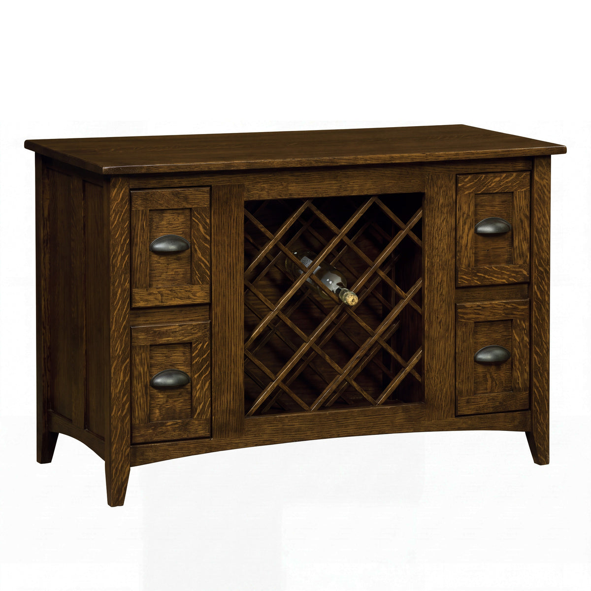 Harrington Wine Cabinet with Lattice Panel in white oak with Charwood stain, shown closed