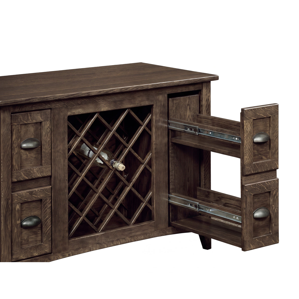 Harrington Wine Cabinet with Lattice Panel in white oak with Driftwood stain, shown open