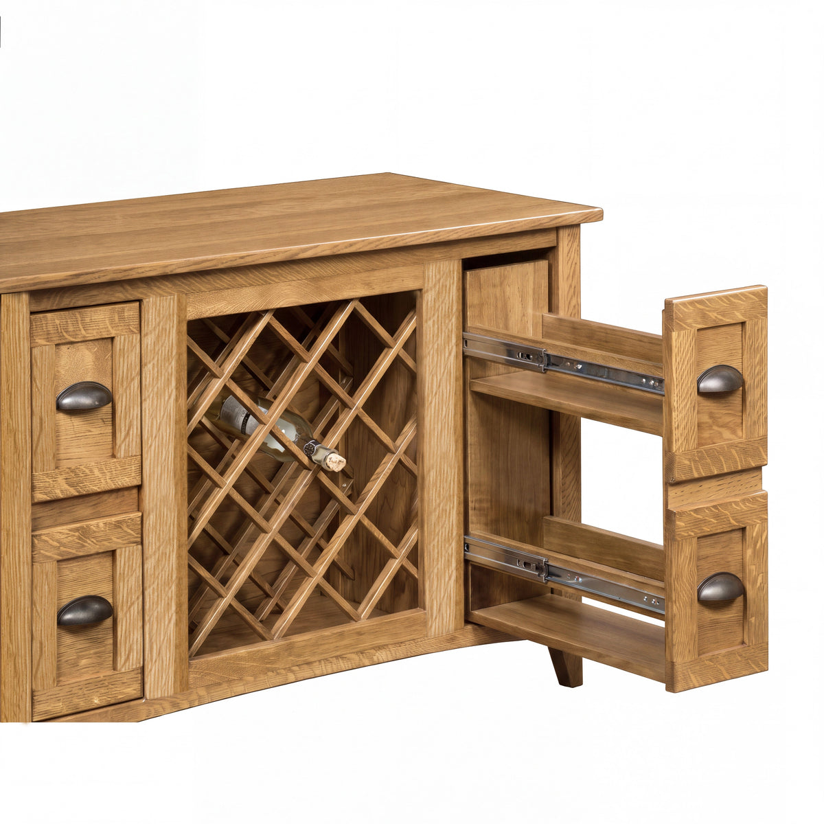 Harrington Wine Cabinet with Lattice Panel in white oak with Natural stain, shown open