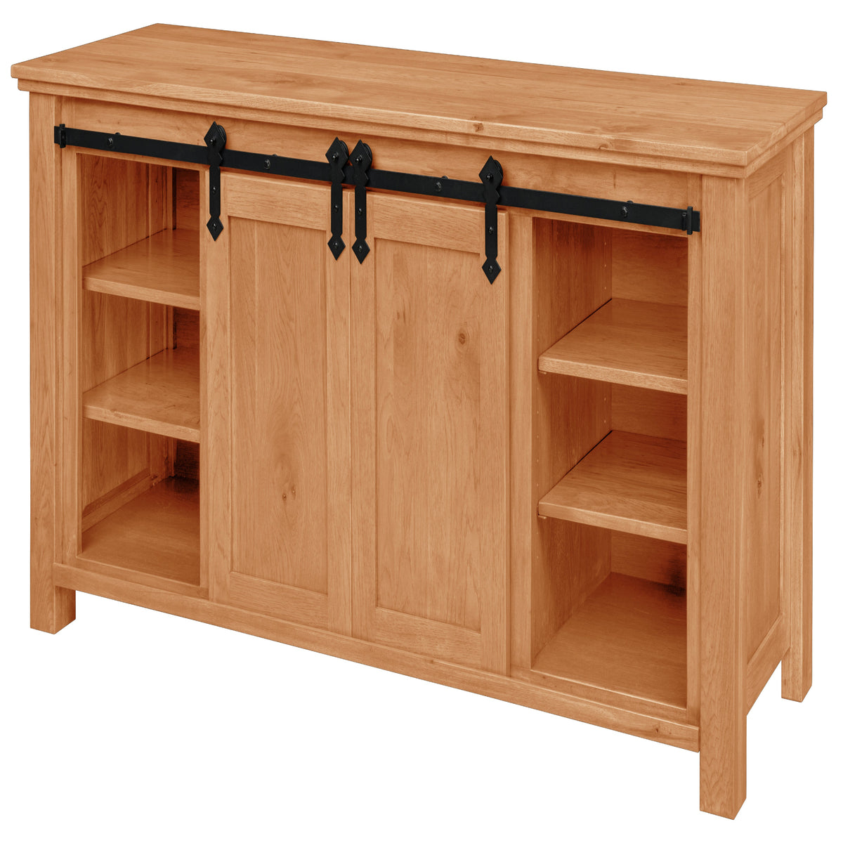 Harrow Fireplace Entertainment Center in Natural Stain, doors open