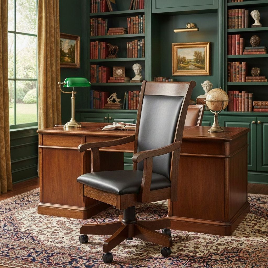 Hoosier Timbercraft Ashley Wood and Leather Rolling Office Chair