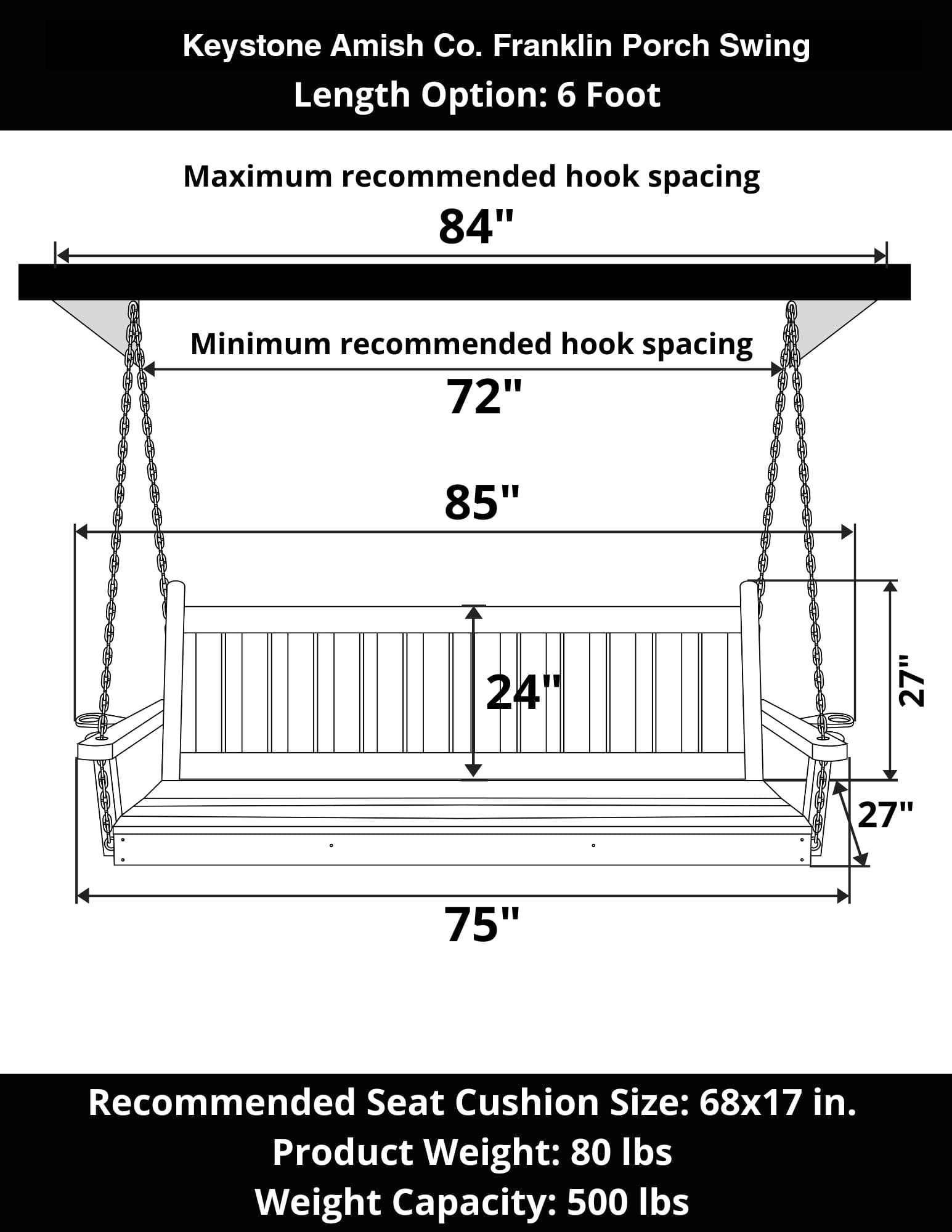 Keystone Amish Co. 6 Foot Franklin Porch Swing, Black