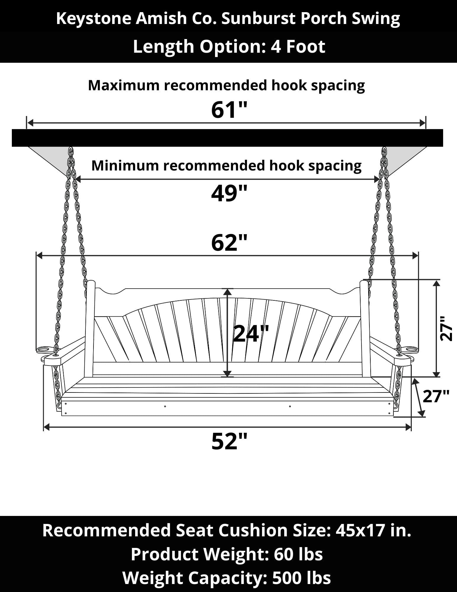 Keystone Amish Co. Sunburst Porch Swing, 4 Foot, Carribean Blue