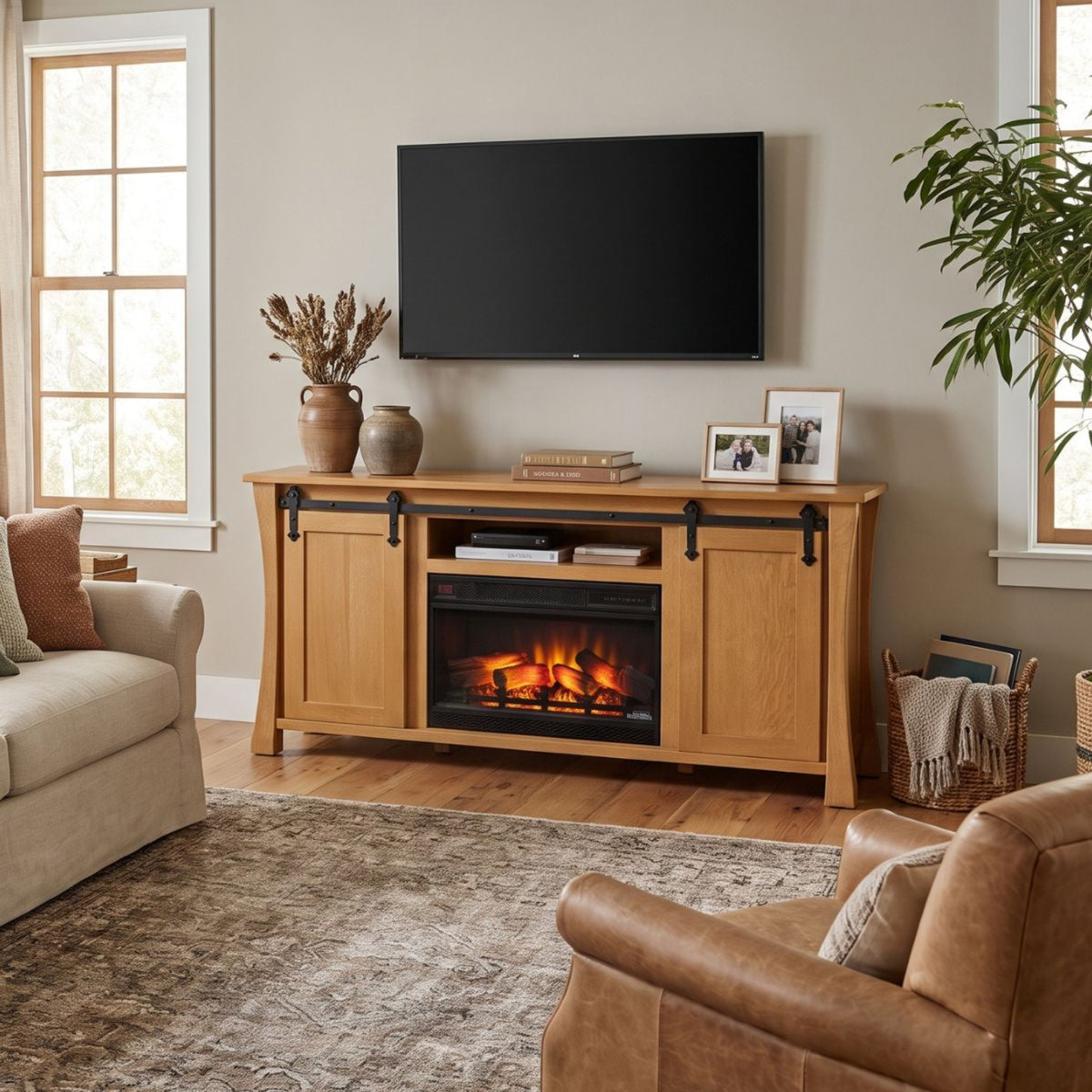 Hoosier Timbercraft Silverton Brown Maple Fireplace Entertainment Center