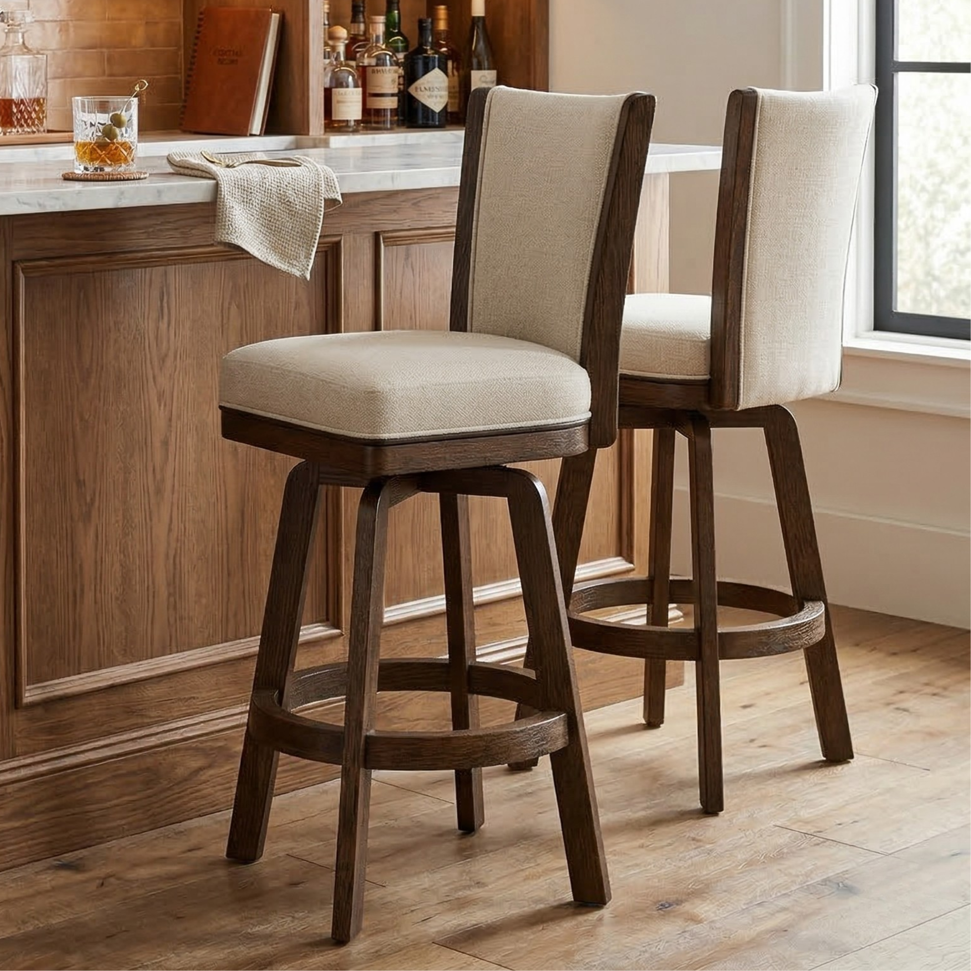 Caraway 30in Swivel Barstool Brown Maple Wood in Charwood Stain, Armstrong Fabric