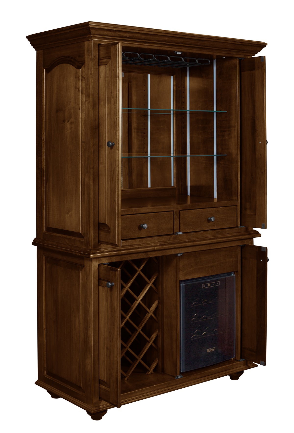 Whitfield Wine Cabinet with Wine Chiller in brown maple with Asbury stain, shown open
