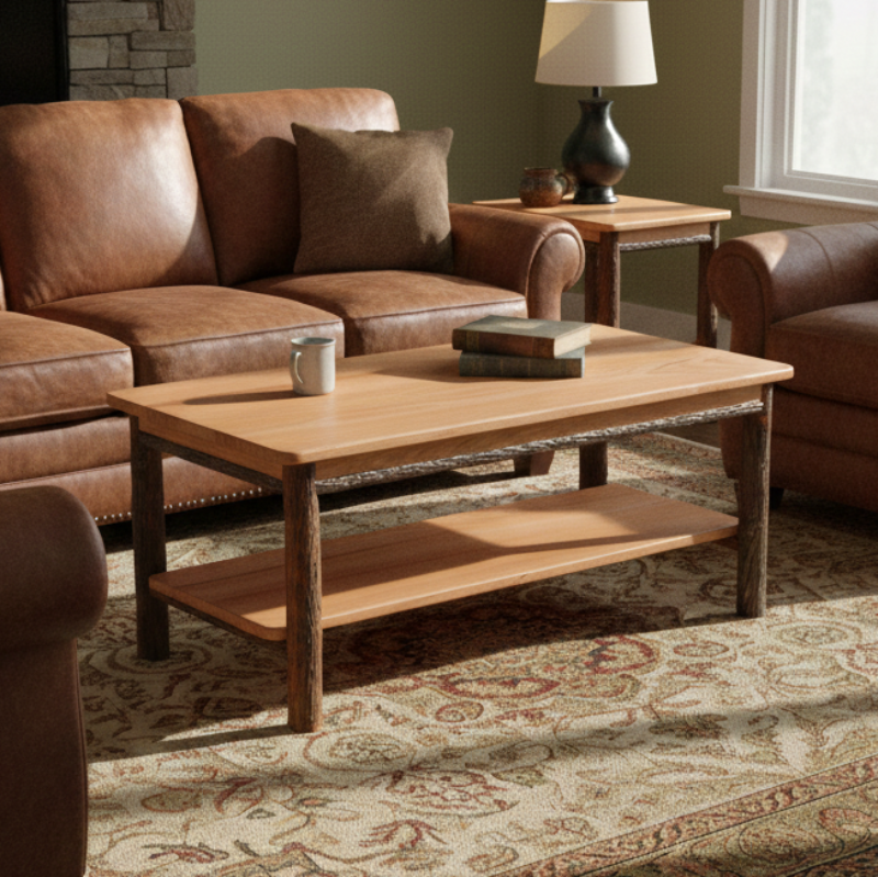 Keystone Amish Co. Hickory Solid Wood Coffee Table with Shelf