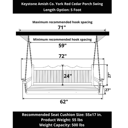 Keystone Amish Co. 5 Foot York Red Cedar Porch Swing, Unfinished
