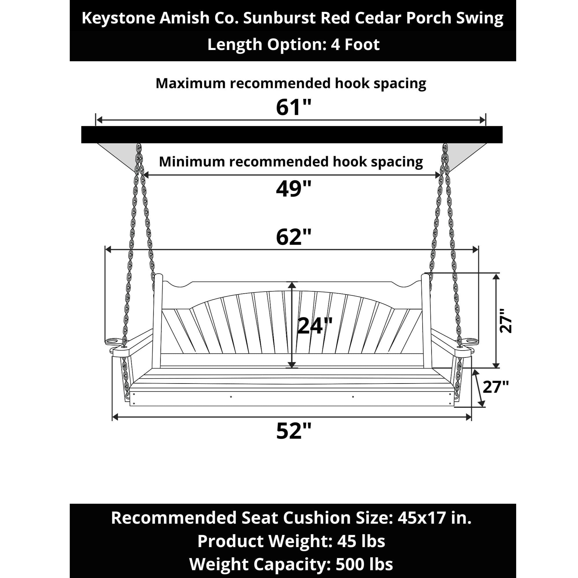 Keystone Amish Co. 4 Foot Sunburst Red Cedar Porch Swing With Cupholders