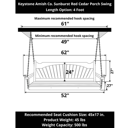 Keystone Amish Co. 4 Foot Sunburst Red Cedar Porch Swing With Cupholders