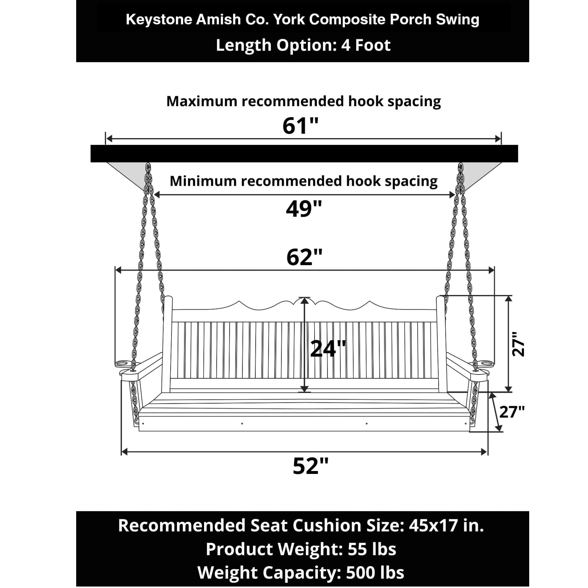 Keystone Amish Co. 4 Foot York Composite Porch Swing, Aruba