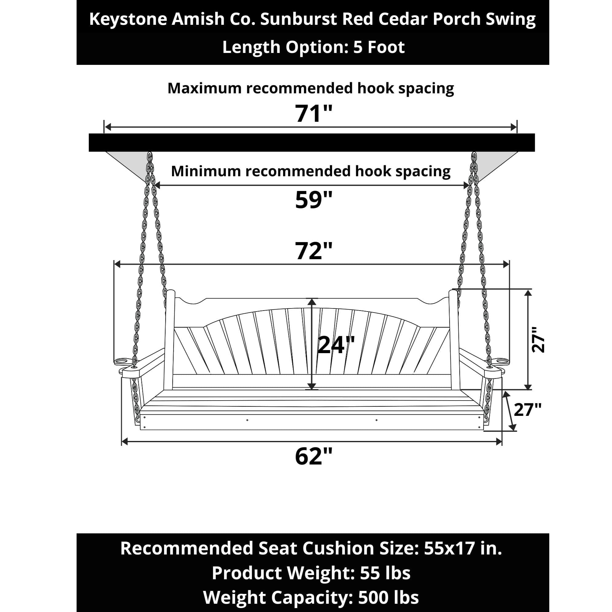 Keystone Amish Co. 5 Foot Sunburst Red Cedar Porch Swing Without Cupholders
