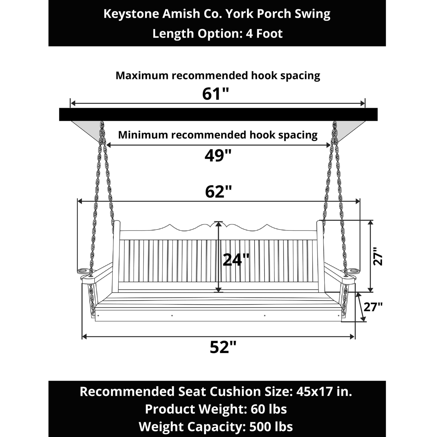 Keystone Amish Co. 4 Foot York Porch Swing, Cedar Stain