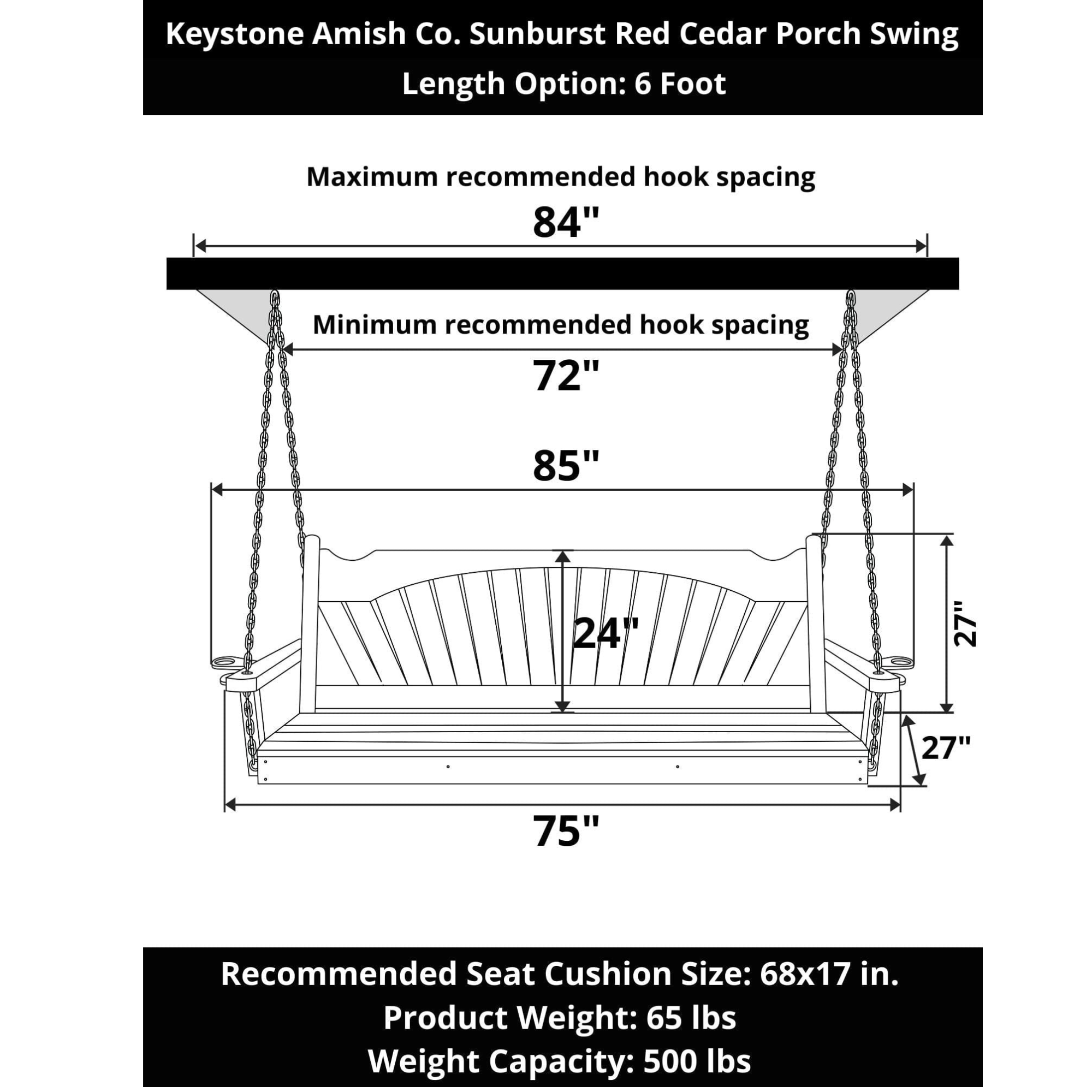 Keystone Amish Co. 6 Foot Sunburst Red Cedar Porch Swing Without Cupholders