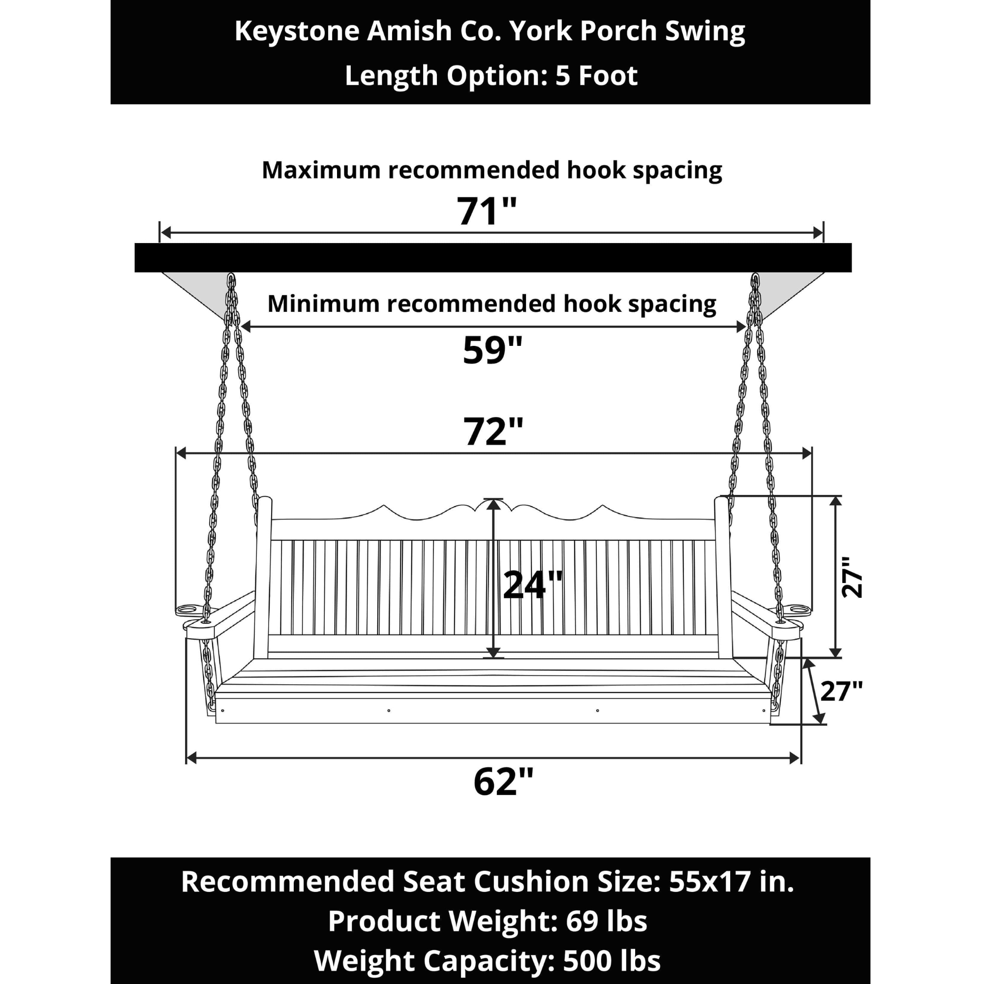 Keystone Amish Co. 5 Foot York Porch Swing, Cedar Stain