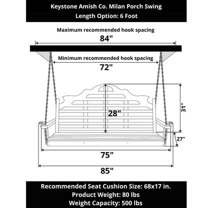 Keystone Amish Co. 6 Foot Milan Porch Swing, Cedar Stain