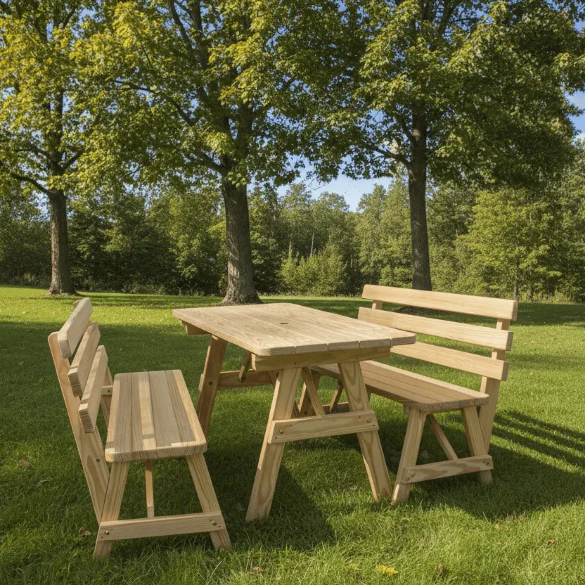Keystone Amish Co. Wooden Outdoor Dining Set with 2 Backed Benches ...