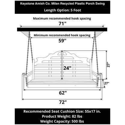 Keystone Amish Co. 5 Foot Milan Recycled Plastic Porch Swing, Blue