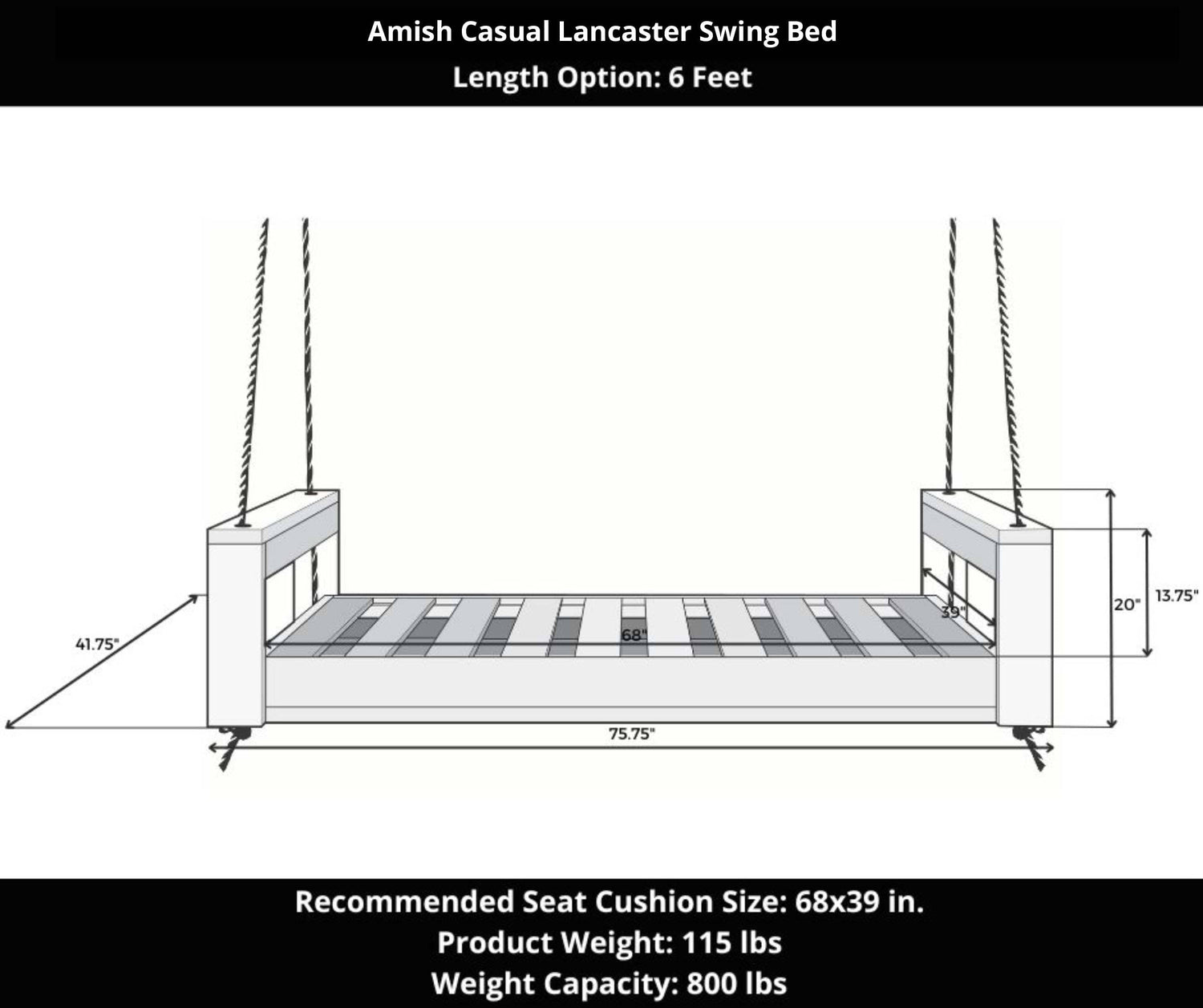 Amish Casual Lancaster Daybed Swing Bed, 6 Ft Relaxed Khaki