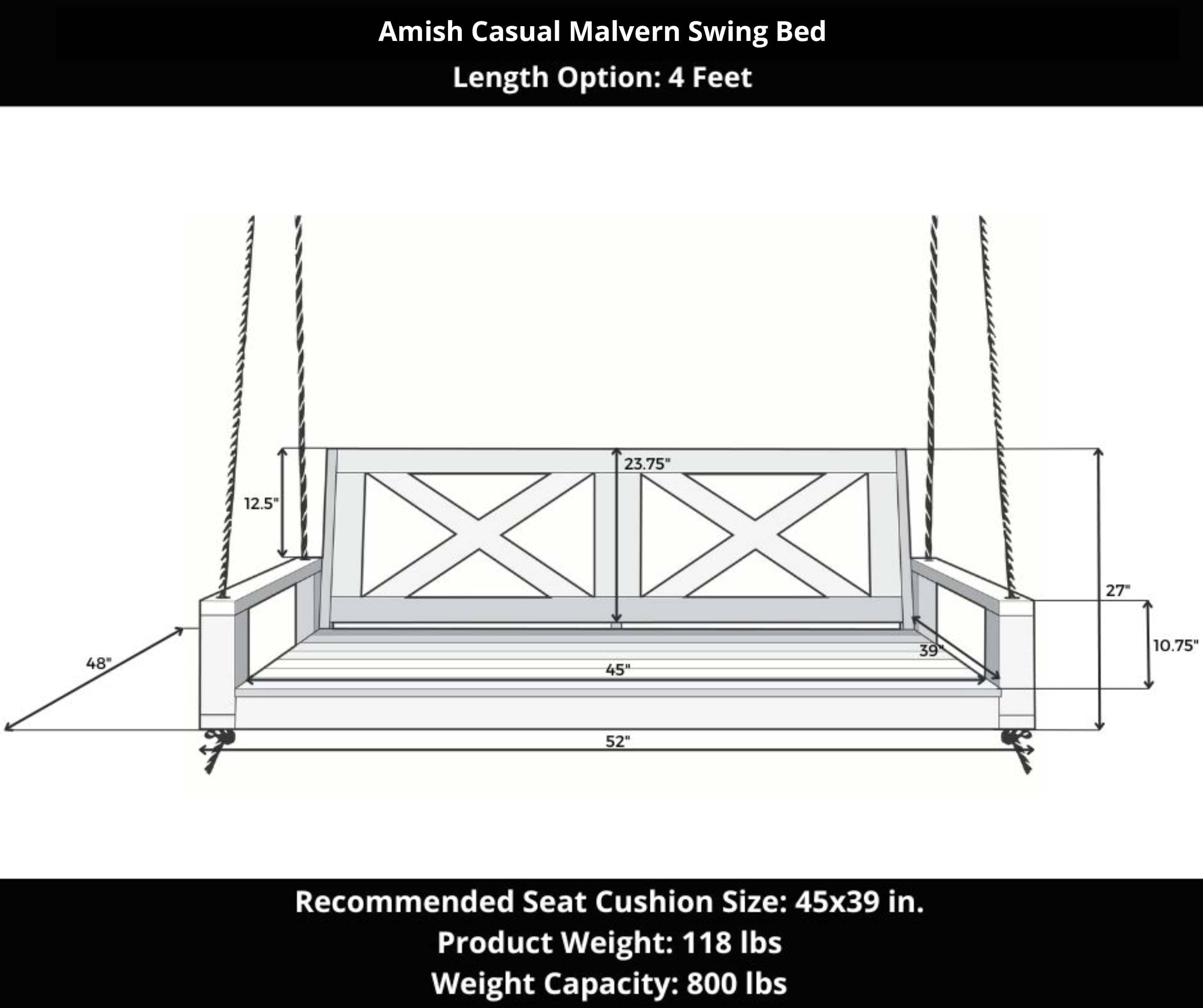 Amish Casual Malvern Porch Swing Bed, 4 Ft Cedar with Clearcoat