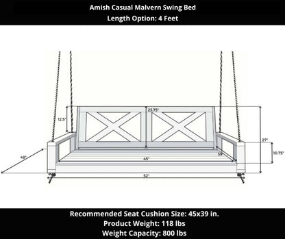 Amish Casual Malvern 4 Foot Porch Swing Bed, Unfinished