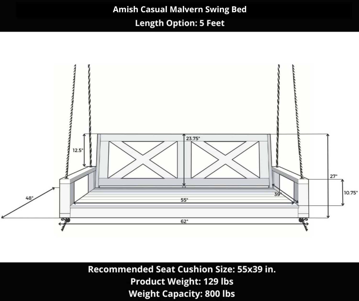 Amish Casual Malvern Porch Swing Bed, 5 Ft Unfinished with Clearcoat