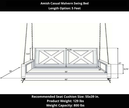 Amish Casual Malvern Porch Swing Bed, 5 Ft Unfinished with Clearcoat