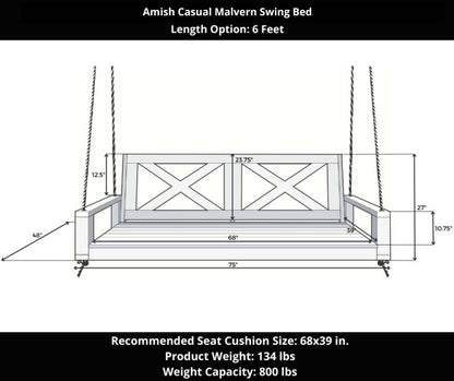 Amish Casual Malvern Porch Swing Bed, 6 Ft Unfinished