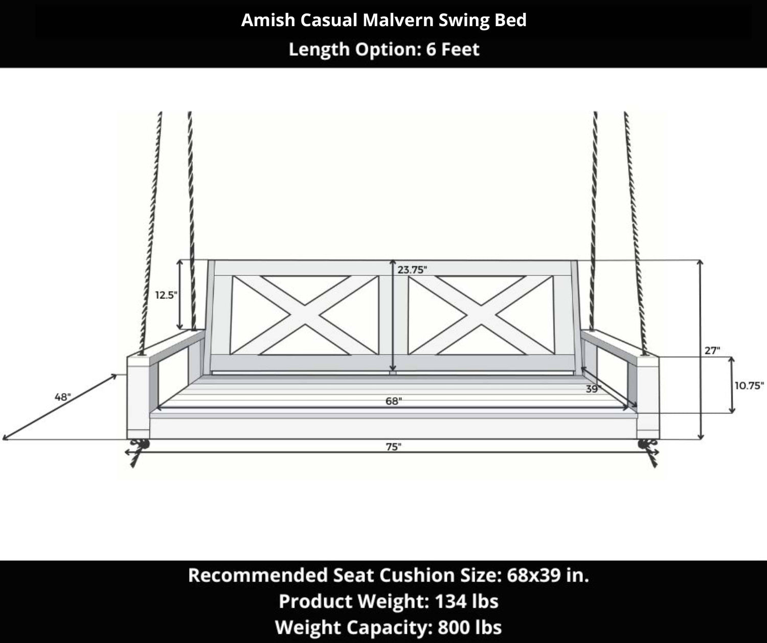 Amish Casual Malvern Porch Swing Bed, 6 Ft Cedar with Clearcoat