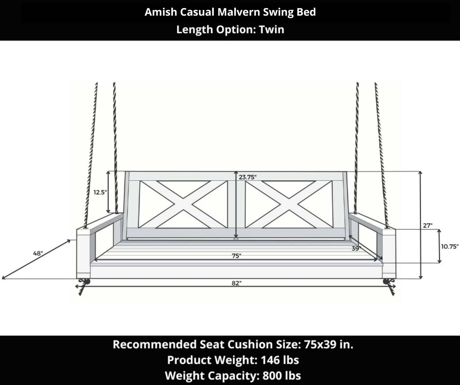 Amish Casual Malvern Porch Swing Bed, Twin Unfinished