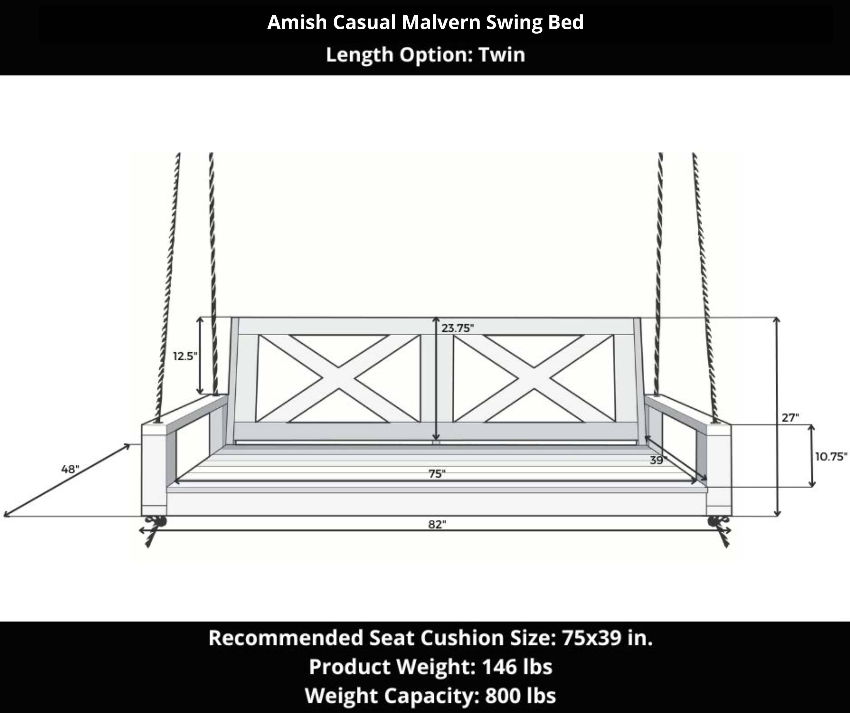 Amish Casual Malvern Porch Swing Bed, Full Unfinished with Clearcoat