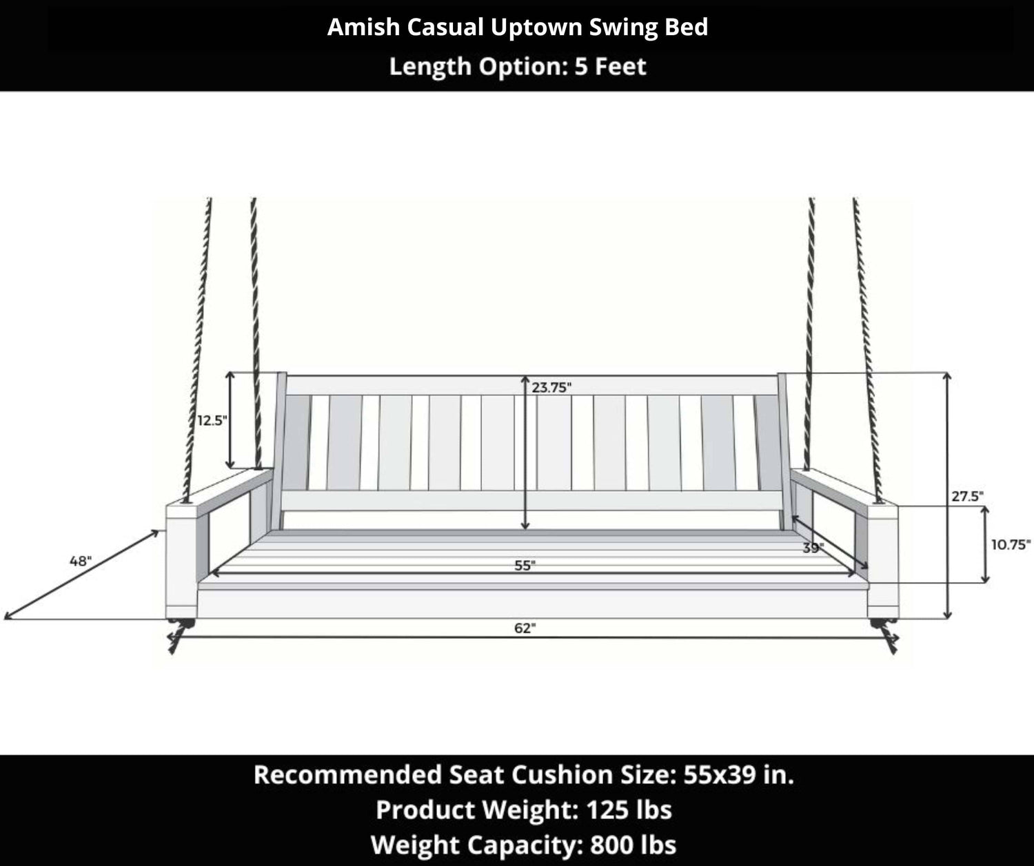 Amish Casual 5 Foot Uptown Porch Swing Bed in Dovetail Grey Paint
