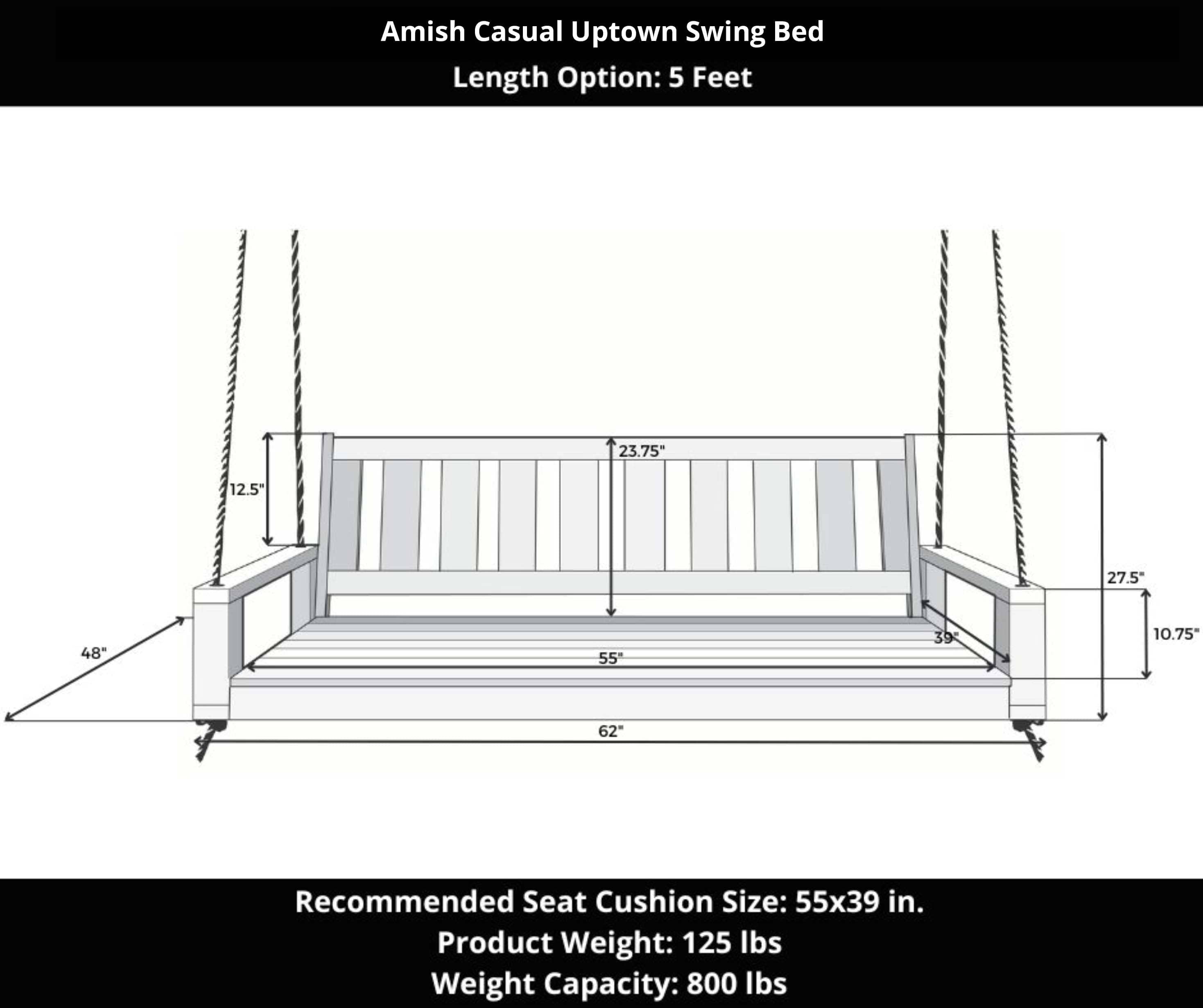 Amish Casual 5 Foot Uptown Porch Swing Bed in Clearcoat Unfinished