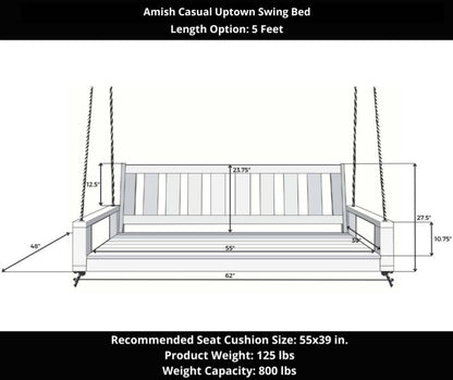 Amish Casual 5 Foot Uptown Porch Swing Bed in Oak Clearcoat
