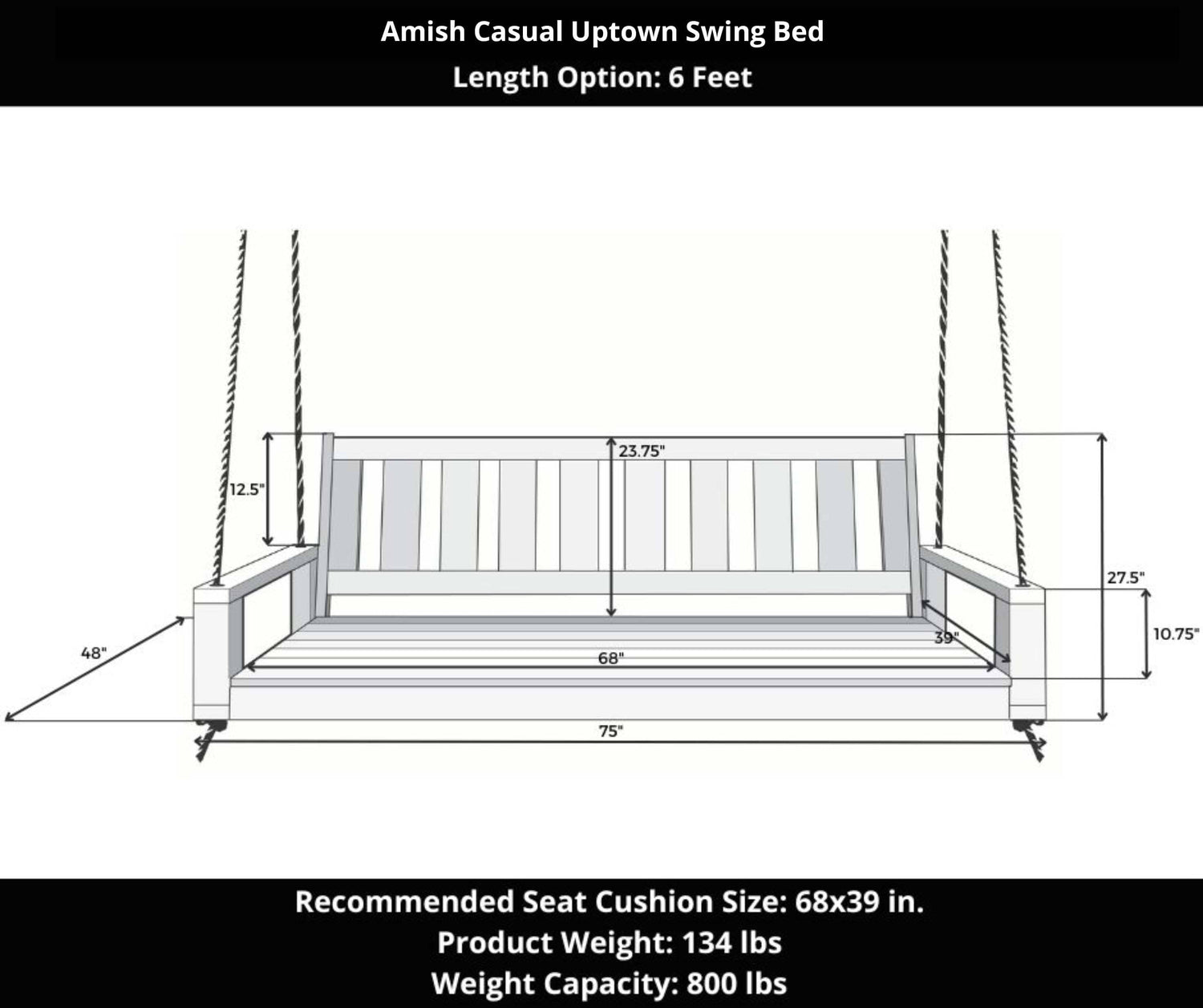 Amish Casual 6 Foot Uptown Porch Swing Bed in Clearcoat Cedar Stain