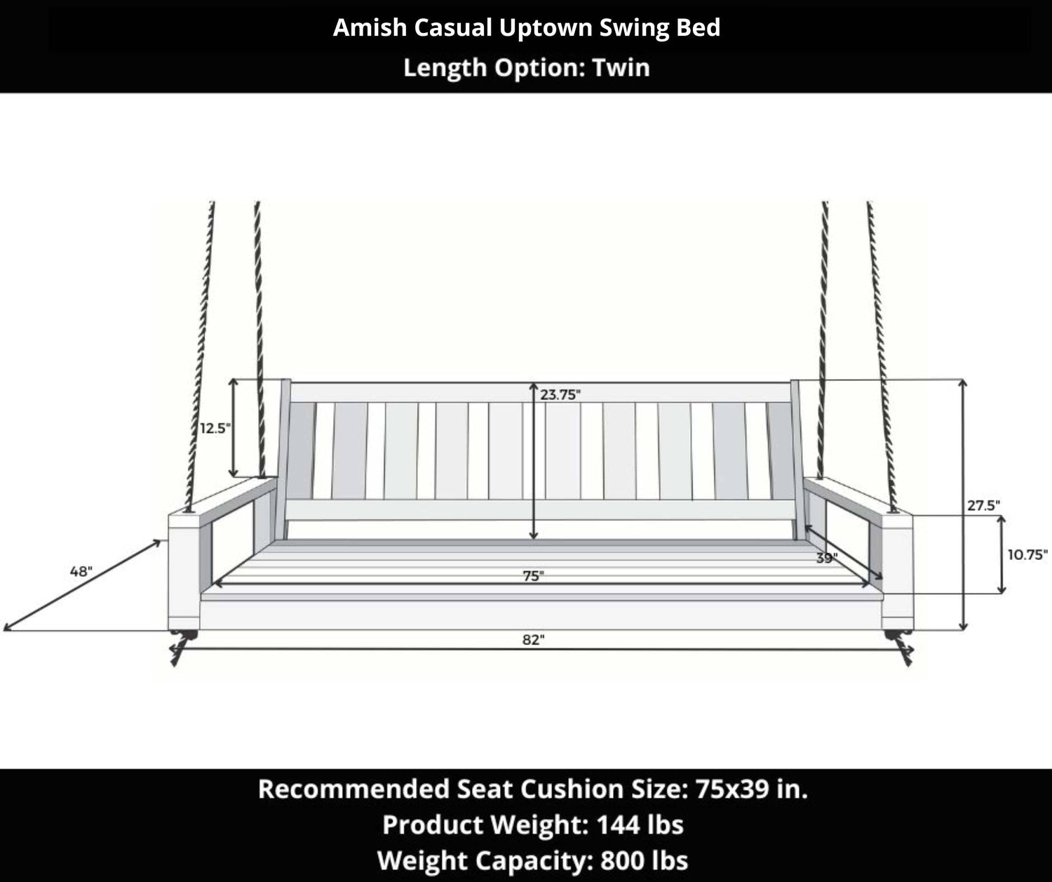 Amish Casual Twin Uptown Porch Swing Bed in Clearcoat Cedar Stain