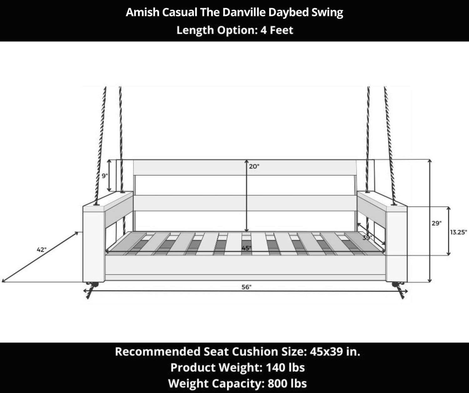 Amish Casual The Danville Daybed Swing, 4 Ft, Black Paint