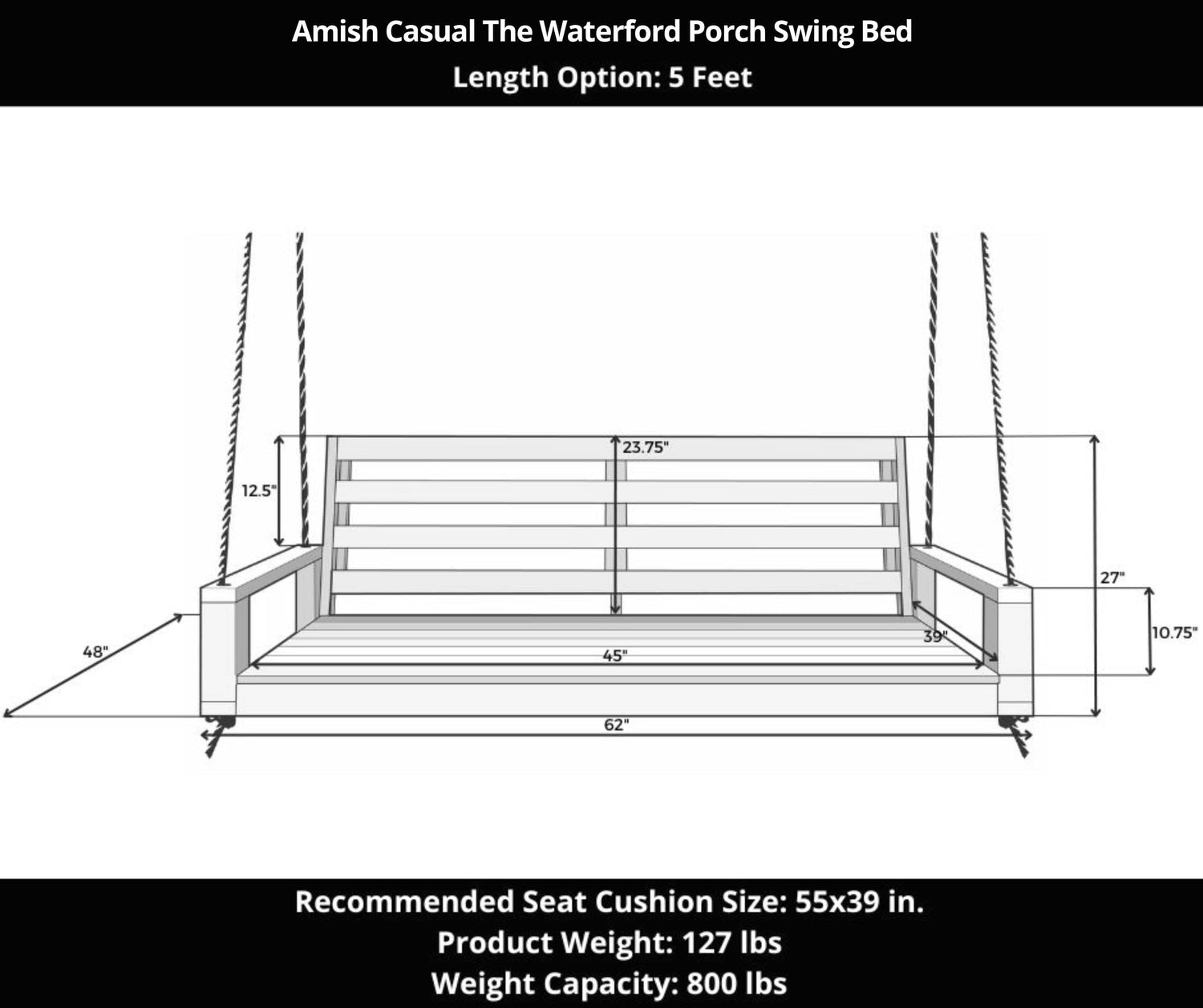 Amish Casual Waterford Hanging Bed Swing for Porch, 5 Ft Black