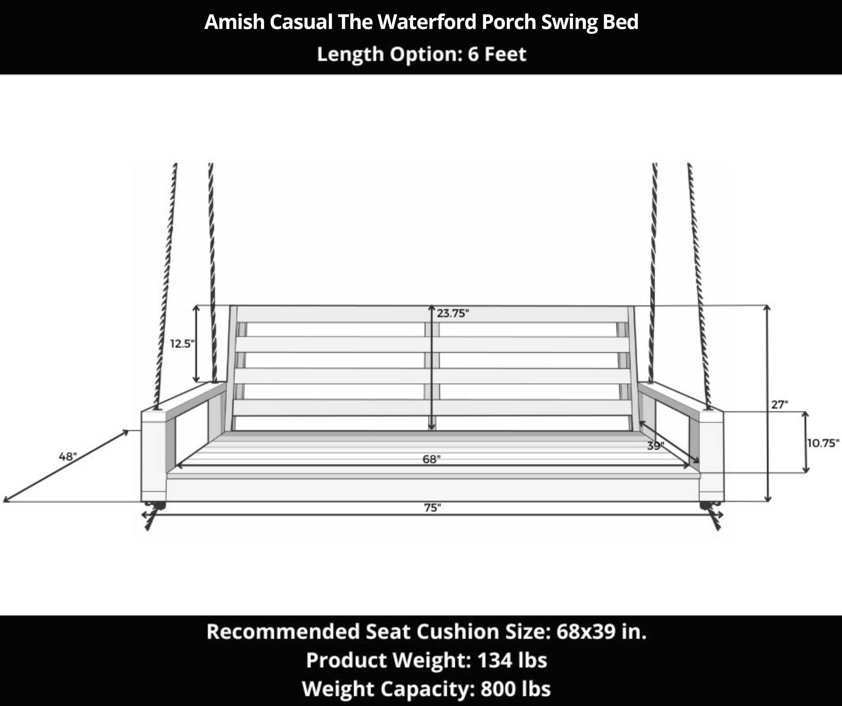 Amish Casual Waterford Hanging Bed Swing for Porch, 6 Ft Grey