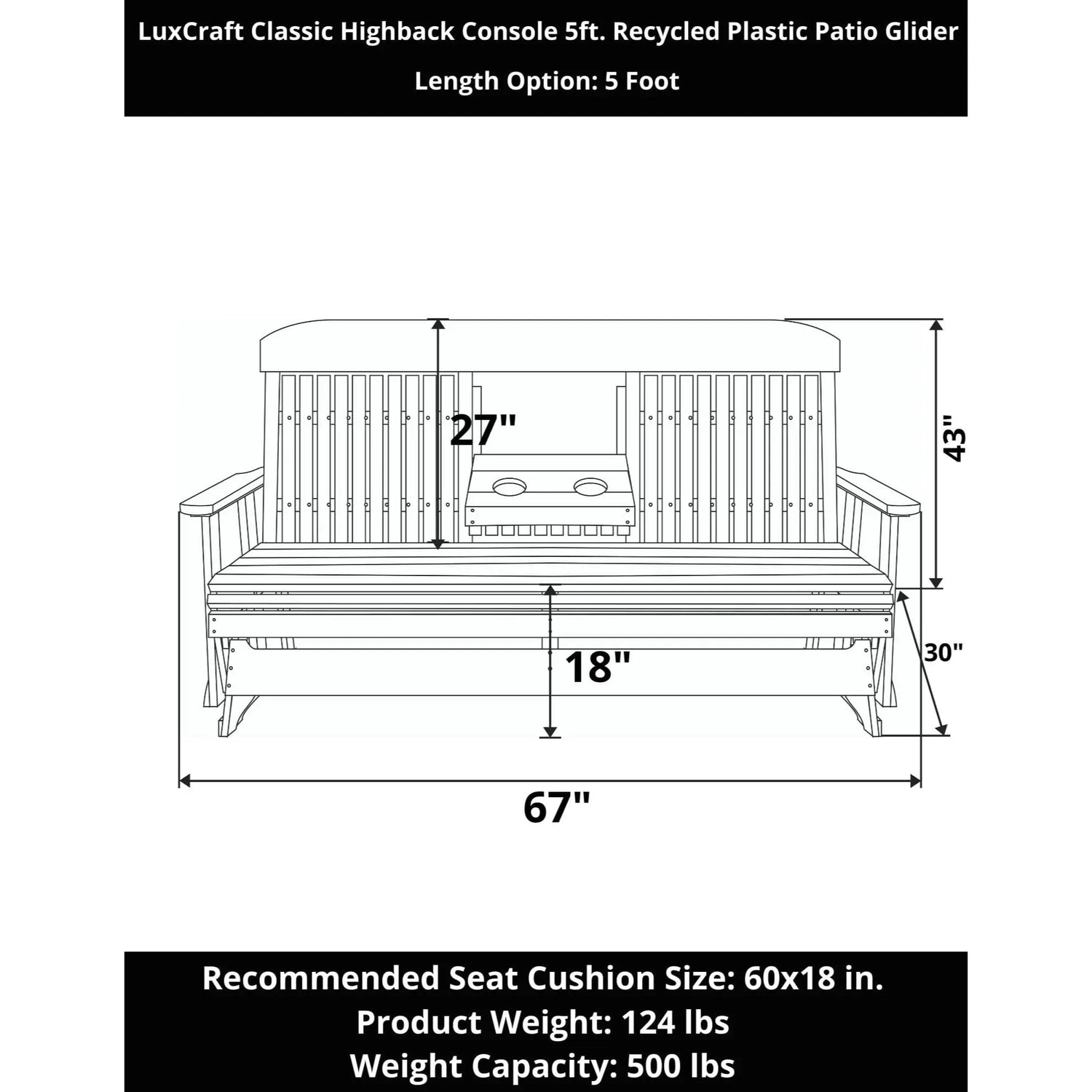 LuxCraft Classic Highback Console 5-Foot Poly Composite Patio Glider